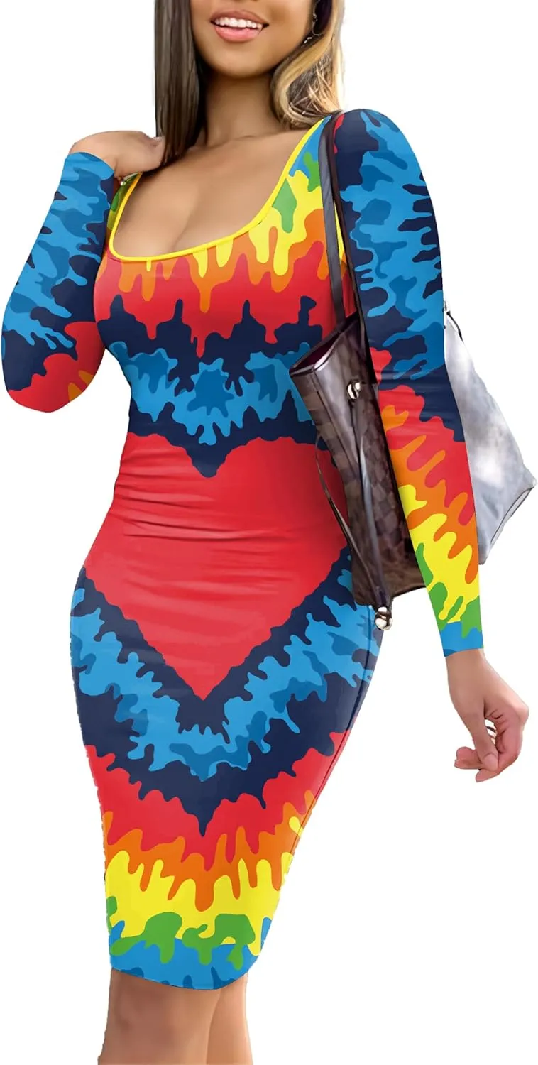HTD Women's Sexy Bodycon Dress Long Sleeve Casual Club Party Midi Pencil Dresses