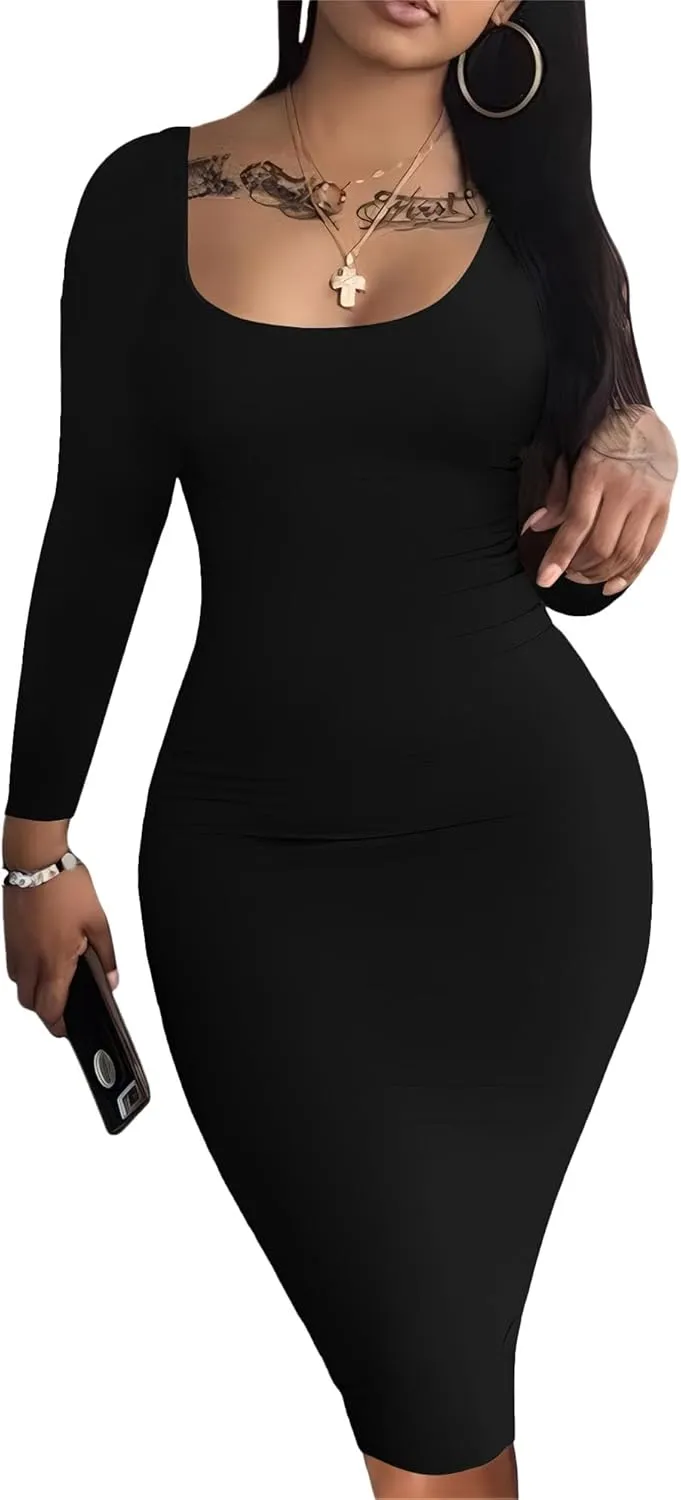 HTD Women's Sexy Bodycon Dress Long Sleeve Casual Club Party Midi Pencil Dresses