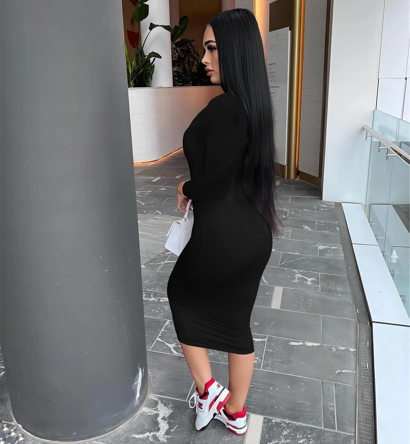 HTD Women's Sexy Bodycon Dress Long Sleeve Casual Club Party Midi Pencil Dresses