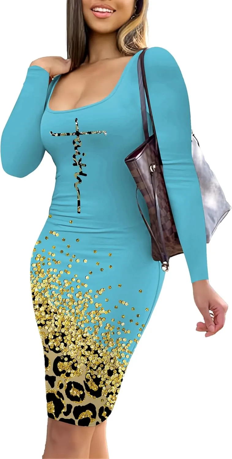 HTD Women's Sexy Bodycon Dress Long Sleeve Casual Club Party Midi Pencil Dresses