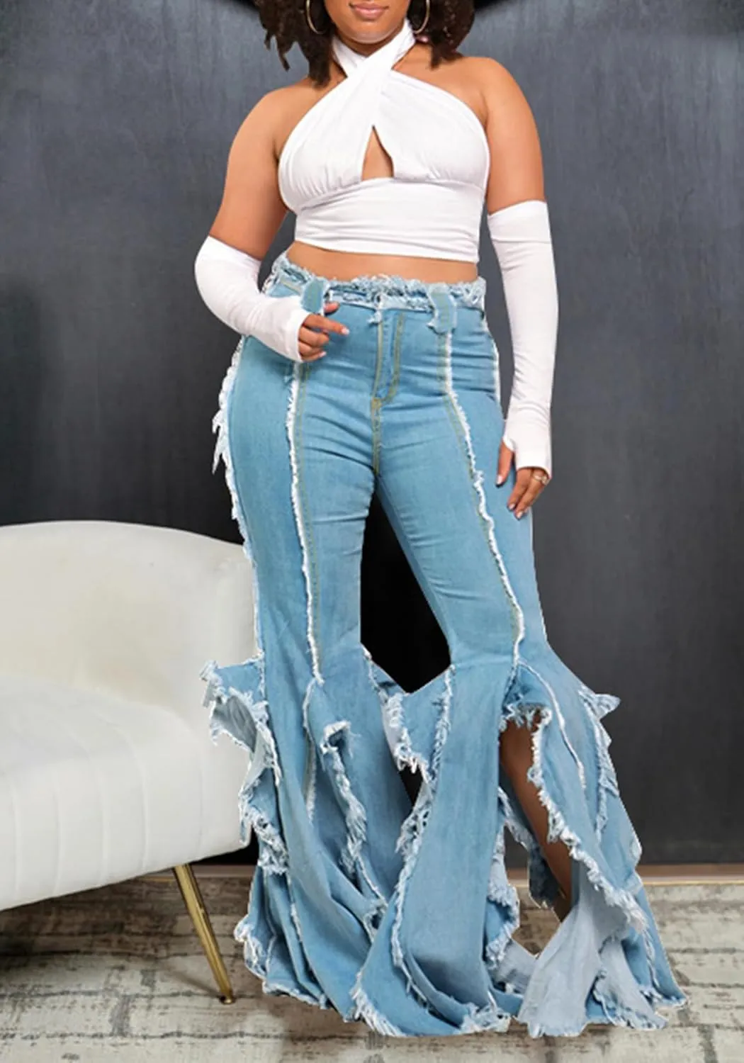 LAJIOJIO Bell BottomJeans for Women Distressed Ripped Y2K High Waisted Frayed Slit Tassel Hem Flared Denim Pants