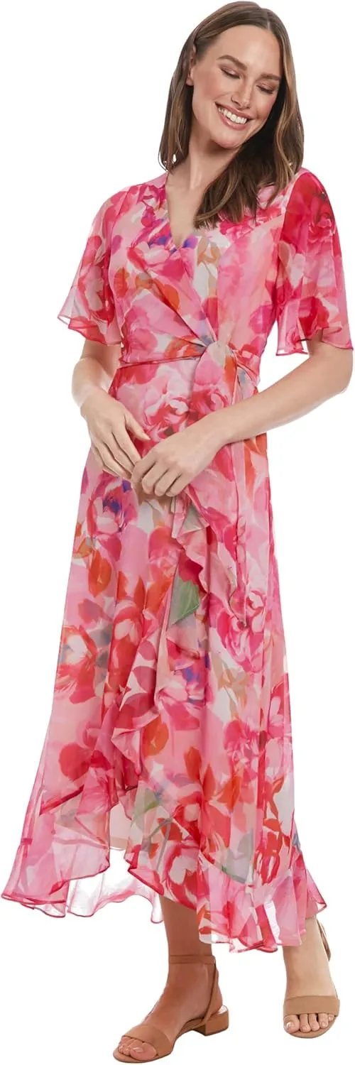 London Times Women's Watercolor Floral Wrap Maxi Elegant Chiffon Flutter Sleeve Asymmetrical Hem Cocktail Dresses