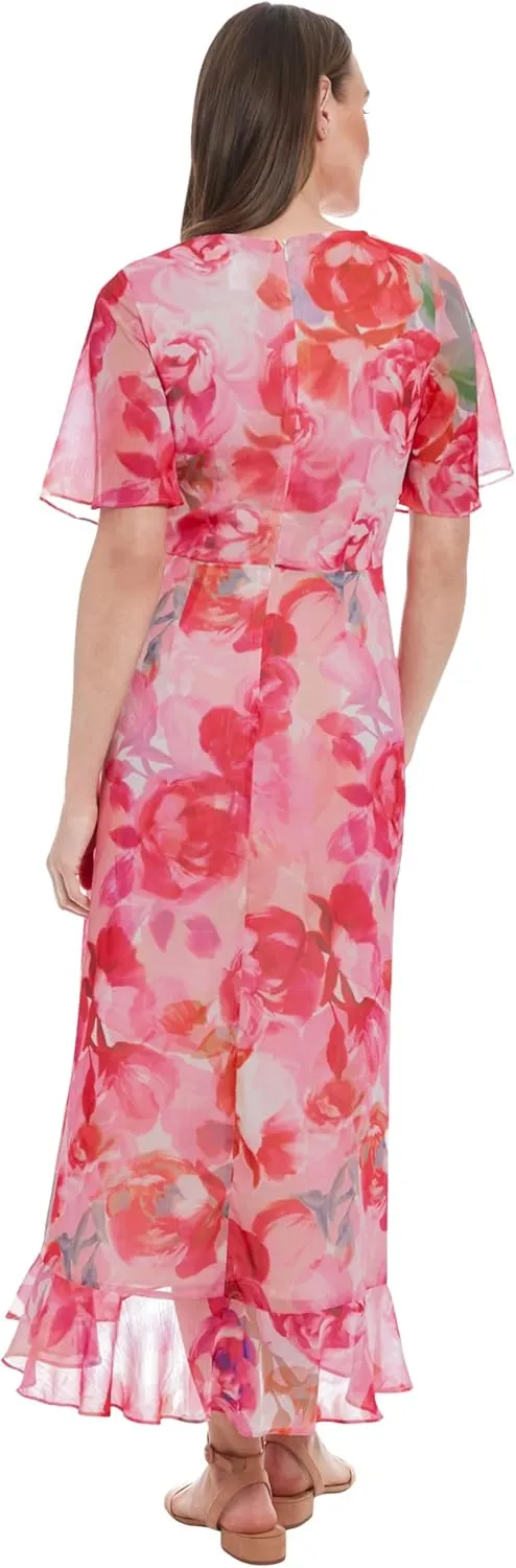 London Times Women's Watercolor Floral Wrap Maxi Elegant Chiffon Flutter Sleeve Asymmetrical Hem Cocktail Dresses
