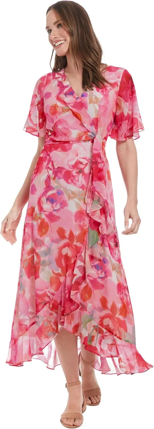 London Times Women's Watercolor Floral Wrap Maxi Elegant Chiffon Flutter Sleeve Asymmetrical Hem Cocktail Dresses