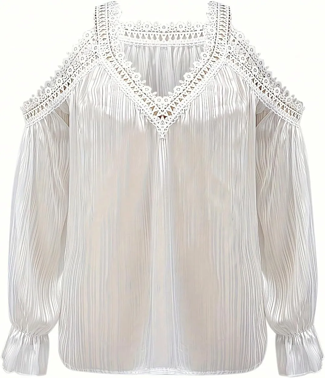 MakeMeChic Women's Cold Shoulder Tops Contrast Lace Long Sleeve Blouse V Neck Boho Shirts