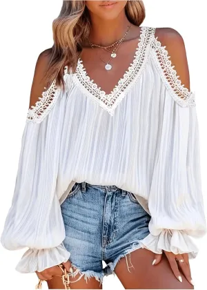 MakeMeChic Women's Cold Shoulder Tops Contrast Lace Long Sleeve Blouse V Neck Boho Shirts