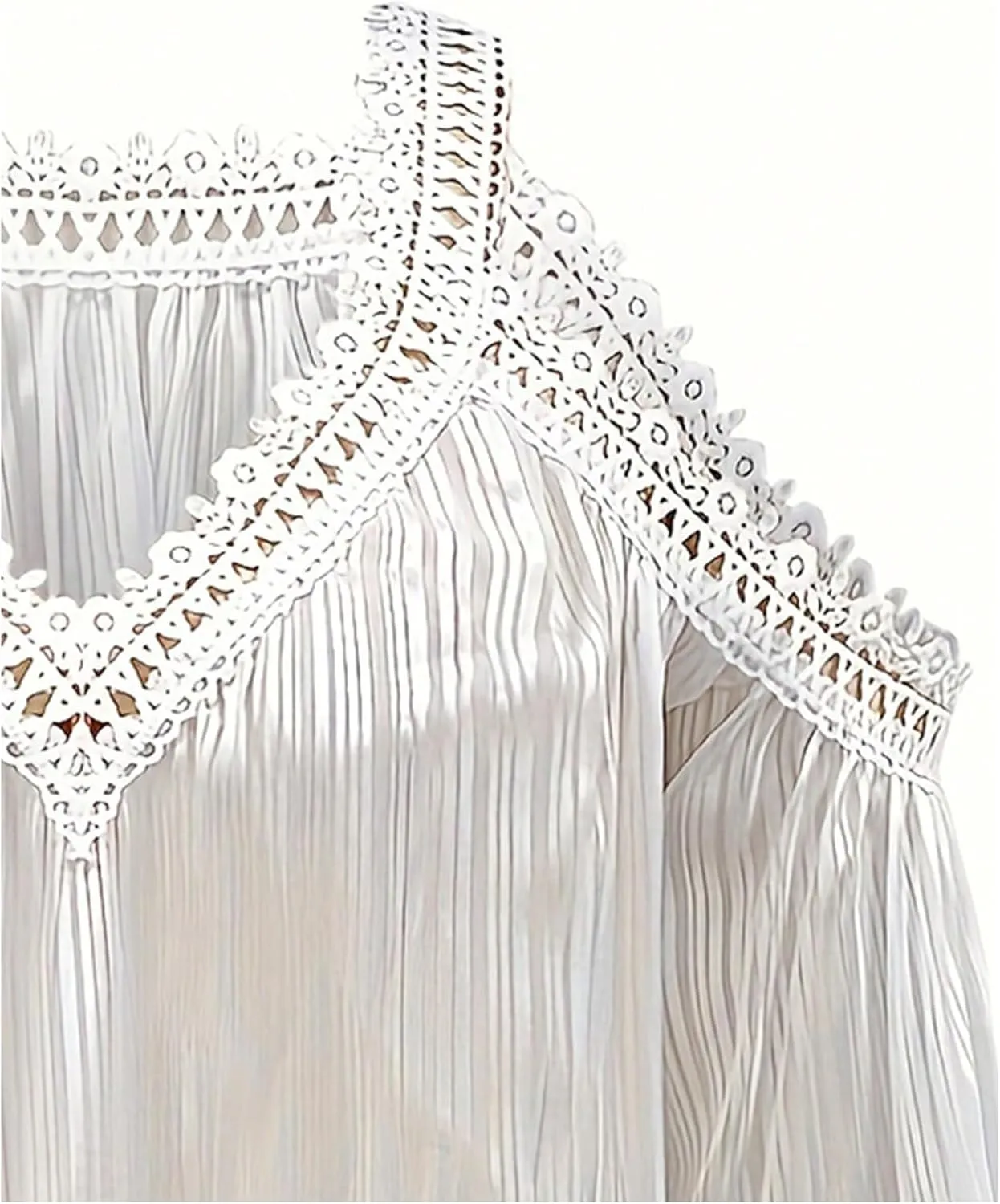 MakeMeChic Women's Cold Shoulder Tops Contrast Lace Long Sleeve Blouse V Neck Boho Shirts