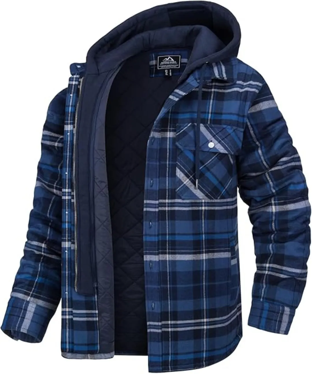 Men's Blue Grey Flannel Shirt Lumberjack Jacket with Removable Hood
