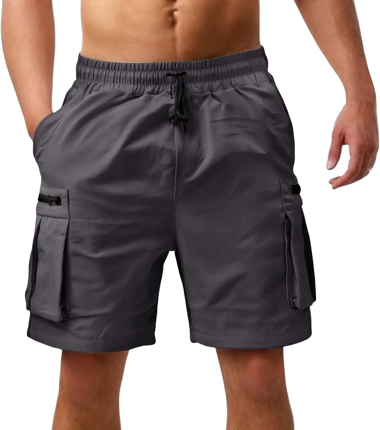 Mens Cargo Casual Shorts Lightweight Stretch Athletic Shorts Elastic Waistband with Pockets Hiking Gym Beach