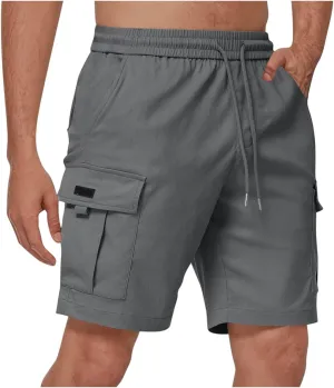Mens Cargo Shorts Elastic Waist Running Hiking Bermuda Shorts Knee Length Casual Summer Clothes with Multiple Pockets