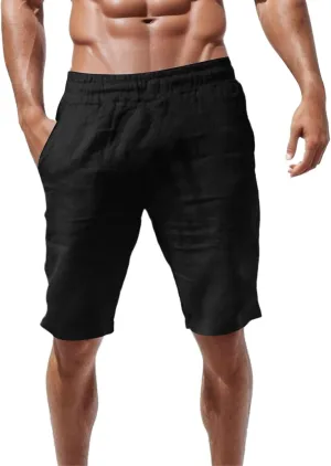 Mens Cotton Linen Shorts Casual Elastic Waist Lightweight Vacation Summer Beach Shorts with Pockets