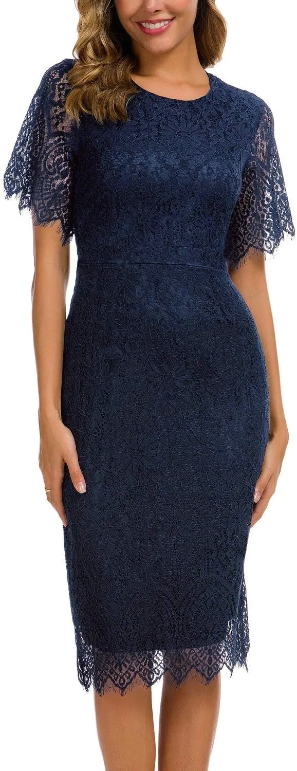 MSLG Women's Elegant Floral Lace Round Neck Short Sleeves Cocktail Party Bodycon Knee Length Dress 931