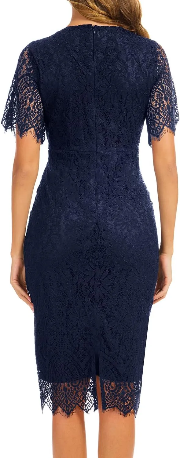 MSLG Women's Elegant Floral Lace Round Neck Short Sleeves Cocktail Party Bodycon Knee Length Dress 931