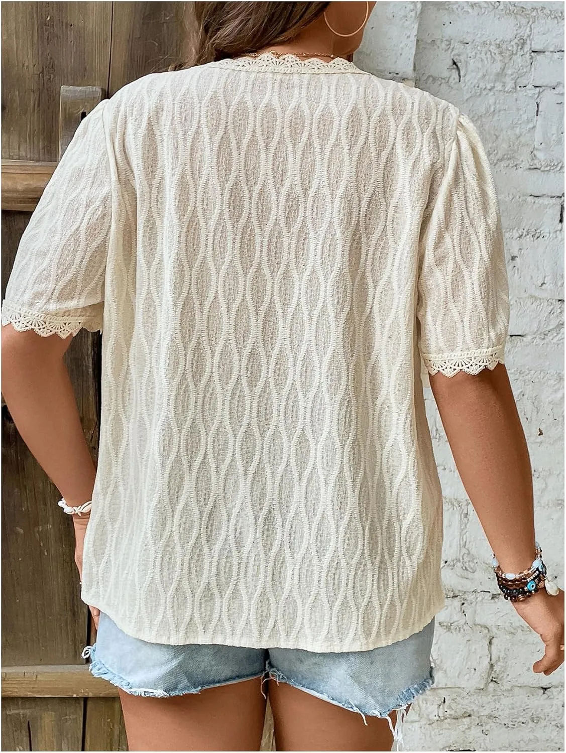 OYOANGLE Women's Plus Size Lace Trim Puff Short Sleeve Blouse Summer V Neck Tunic Tops