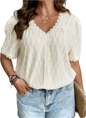 OYOANGLE Women's Plus Size Lace Trim Puff Short Sleeve Blouse Summer V Neck Tunic Tops