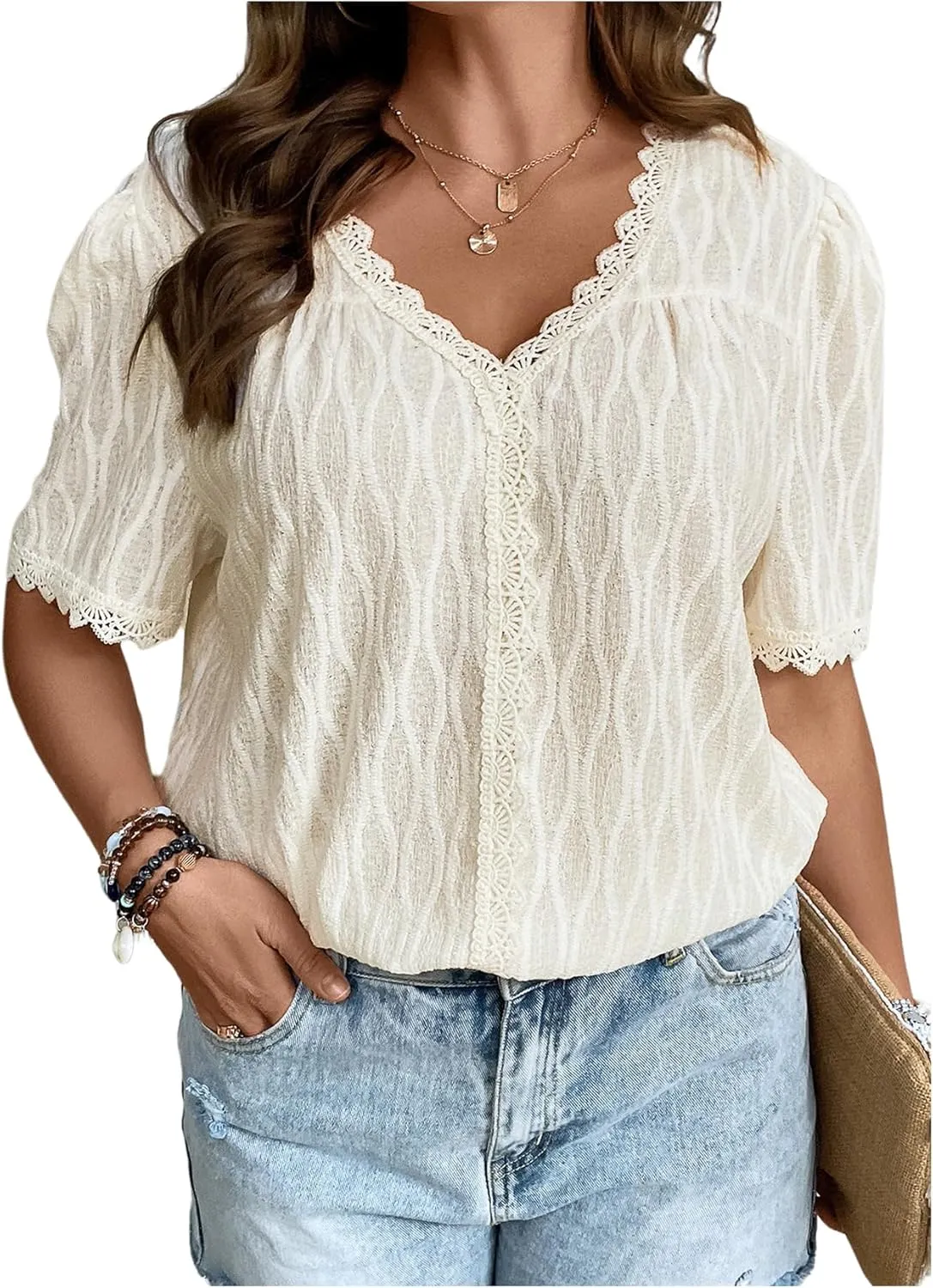 OYOANGLE Women's Plus Size Lace Trim Puff Short Sleeve Blouse Summer V Neck Tunic Tops