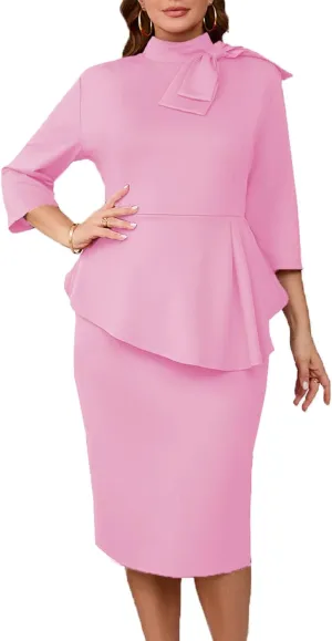 Plus Size Dress for Curvy Women Semi Formal Cocktail Party Midi Dress Bodycon Long Sleeve Bow Ruffle Pencil Dresses