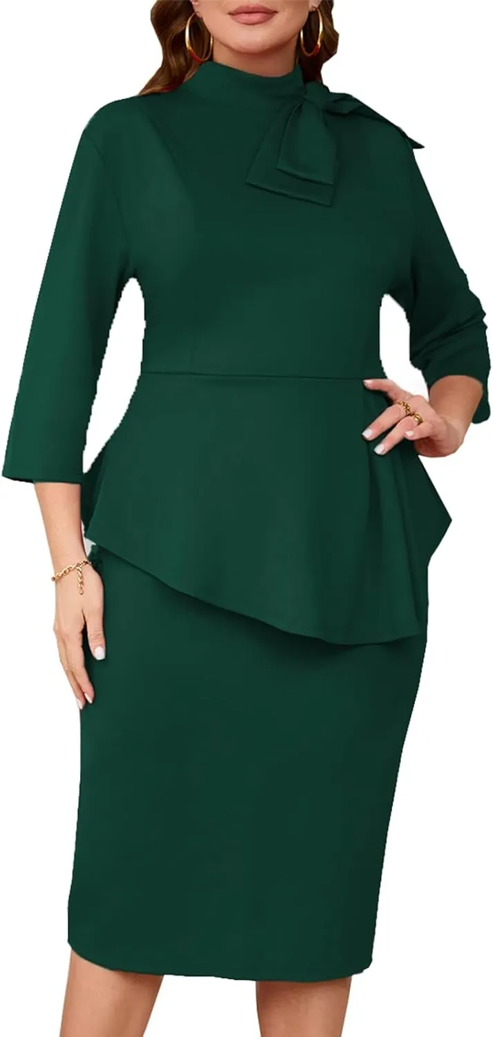 Plus Size Dress for Curvy Women Semi Formal Cocktail Party Midi Dress Bodycon Long Sleeve Bow Ruffle Pencil Dresses