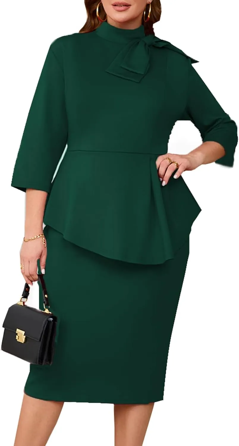 Plus Size Dress for Curvy Women Semi Formal Cocktail Party Midi Dress Bodycon Long Sleeve Bow Ruffle Pencil Dresses