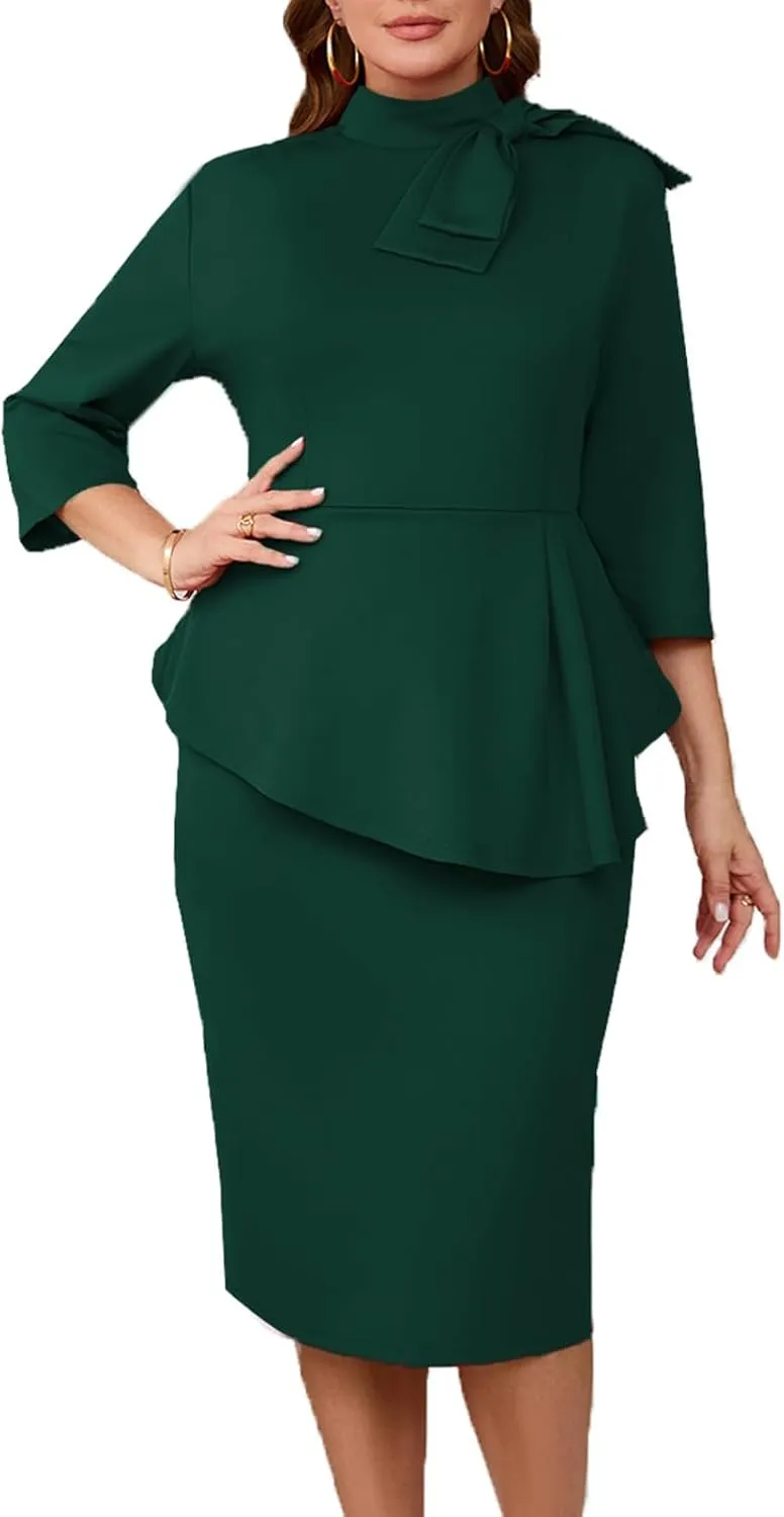 Plus Size Dress for Curvy Women Semi Formal Cocktail Party Midi Dress Bodycon Long Sleeve Bow Ruffle Pencil Dresses