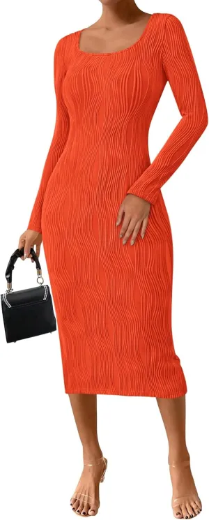 PRETTYGARDEN Womens Spring Dresses 2025 Long Sleeve Square Neck Knit Midi Beach Vacation Clothes Slit Bodycon Dress
