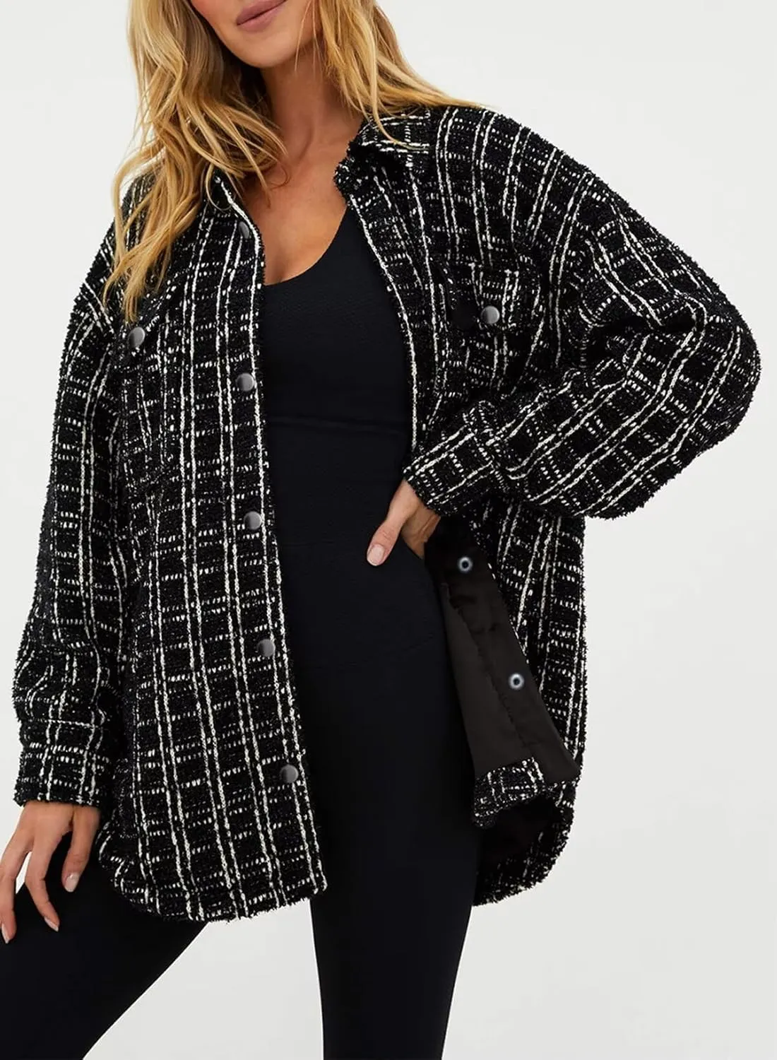 SHEWIN Women 2024 Long Sleeve Button Down Shackets Fashion Plaid Pocket Shirts Jacket