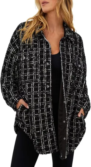 SHEWIN Women 2024 Long Sleeve Button Down Shackets Fashion Plaid Pocket Shirts Jacket