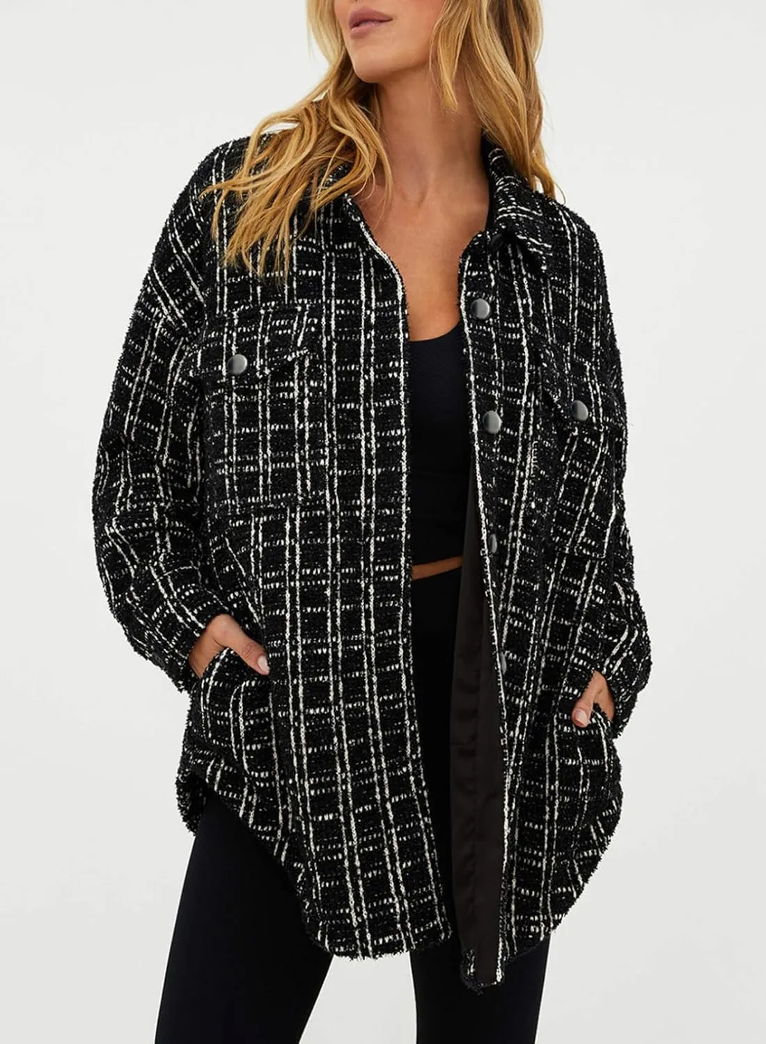 SHEWIN Women 2024 Long Sleeve Button Down Shackets Fashion Plaid Pocket Shirts Jacket