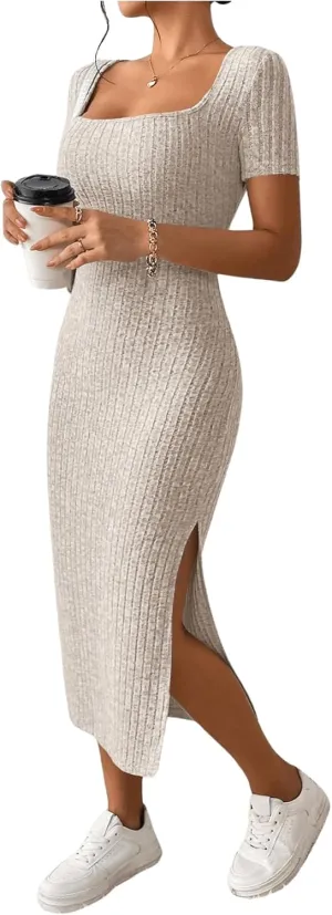 SOLY HUX Women's Summer Bodycon Dresses Square Neck Short Sleeve Casual Sundresses Knit Side Slit Ribbed Midi Dress