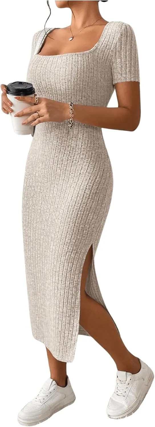 SOLY HUX Women's Summer Bodycon Dresses Square Neck Short Sleeve Casual Sundresses Knit Side Slit Ribbed Midi Dress