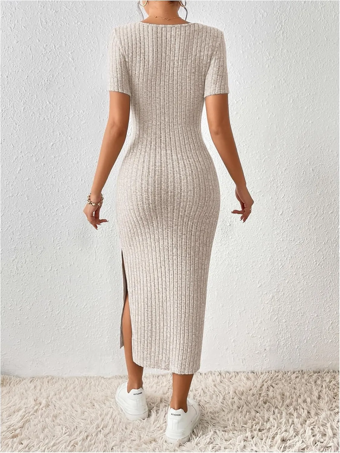 SOLY HUX Women's Summer Bodycon Dresses Square Neck Short Sleeve Casual Sundresses Knit Side Slit Ribbed Midi Dress