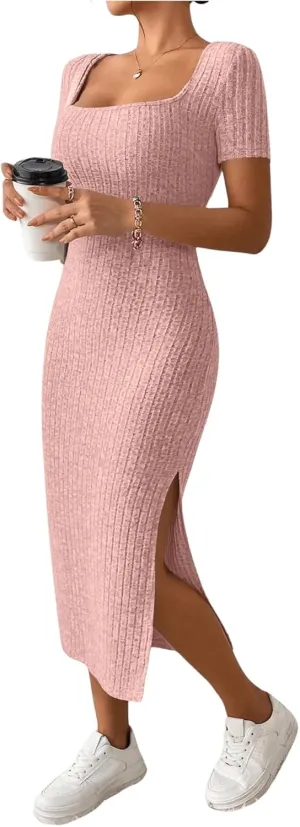 SOLY HUX Women's Summer Bodycon Dresses Square Neck Short Sleeve Casual Sundresses Knit Side Slit Ribbed Midi Dress