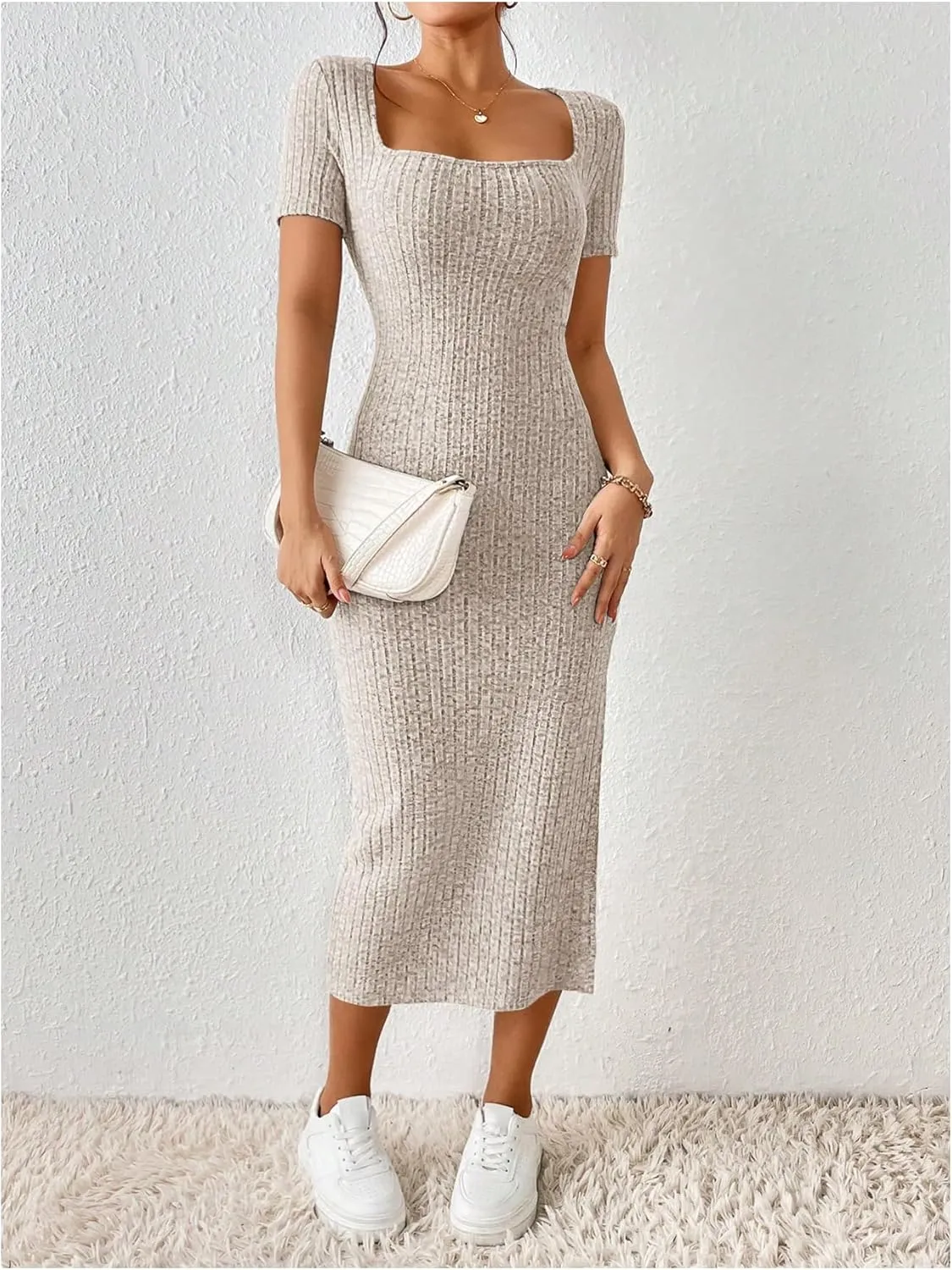 SOLY HUX Women's Summer Bodycon Dresses Square Neck Short Sleeve Casual Sundresses Knit Side Slit Ribbed Midi Dress