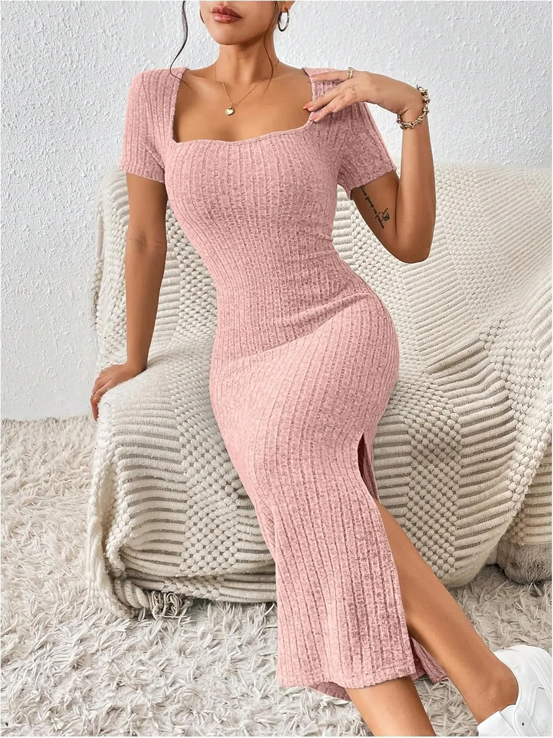 SOLY HUX Women's Summer Bodycon Dresses Square Neck Short Sleeve Casual Sundresses Knit Side Slit Ribbed Midi Dress