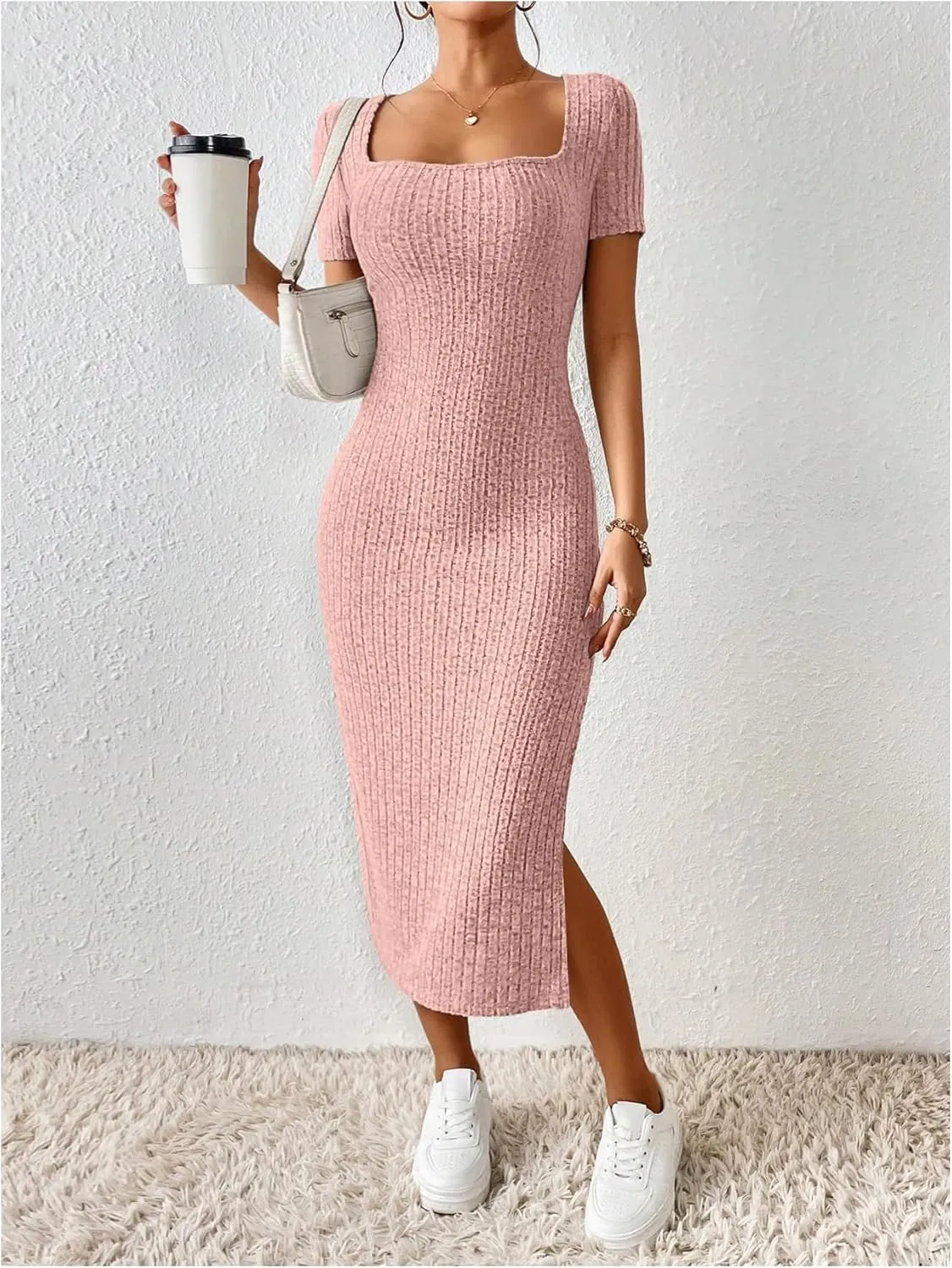 SOLY HUX Women's Summer Bodycon Dresses Square Neck Short Sleeve Casual Sundresses Knit Side Slit Ribbed Midi Dress