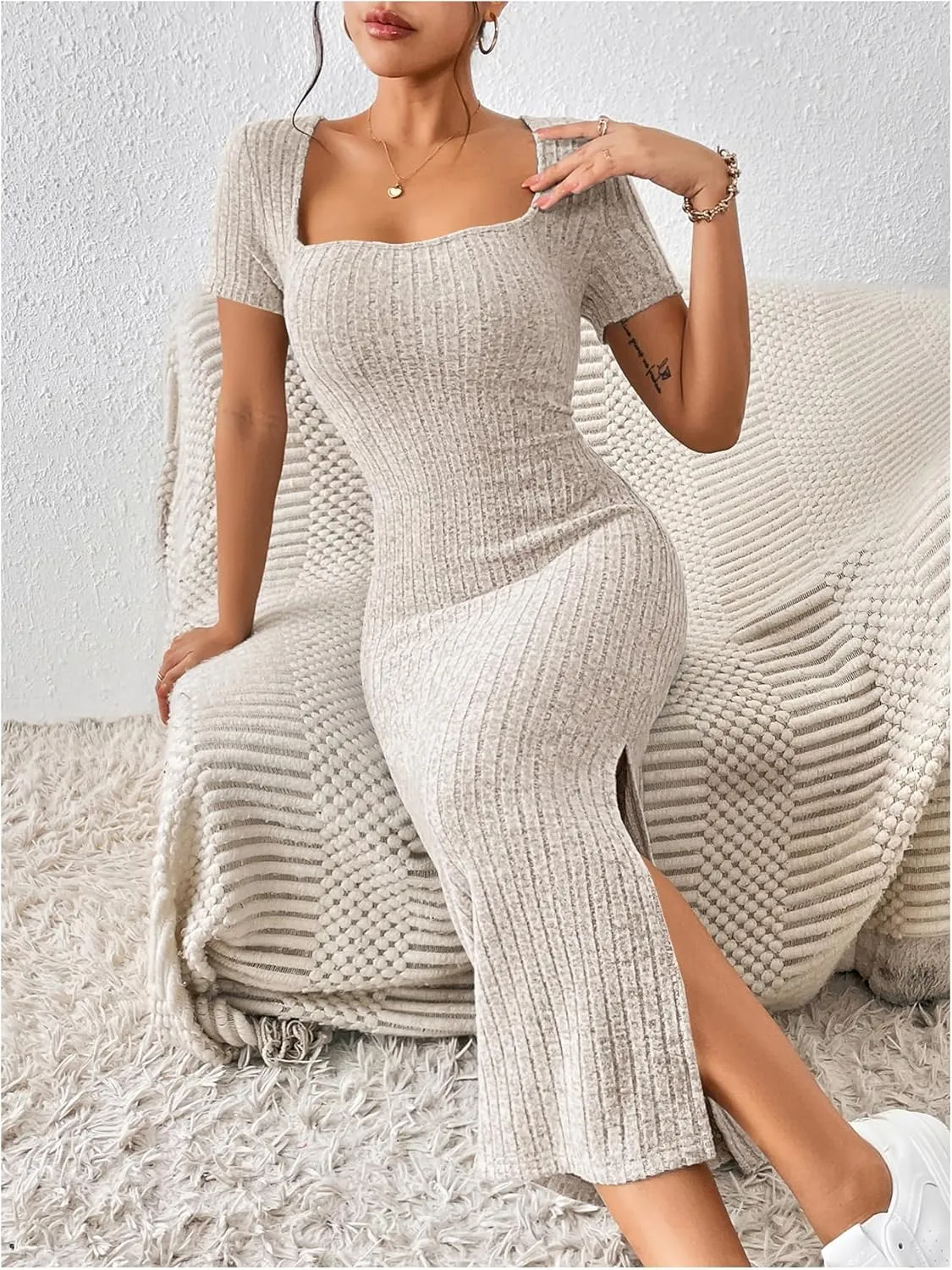 SOLY HUX Women's Summer Bodycon Dresses Square Neck Short Sleeve Casual Sundresses Knit Side Slit Ribbed Midi Dress