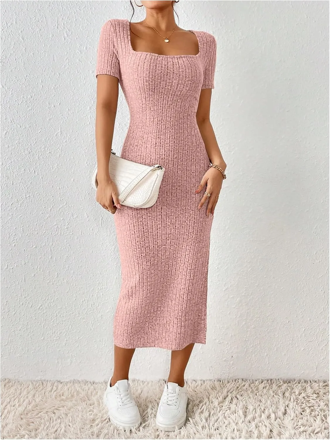 SOLY HUX Women's Summer Bodycon Dresses Square Neck Short Sleeve Casual Sundresses Knit Side Slit Ribbed Midi Dress