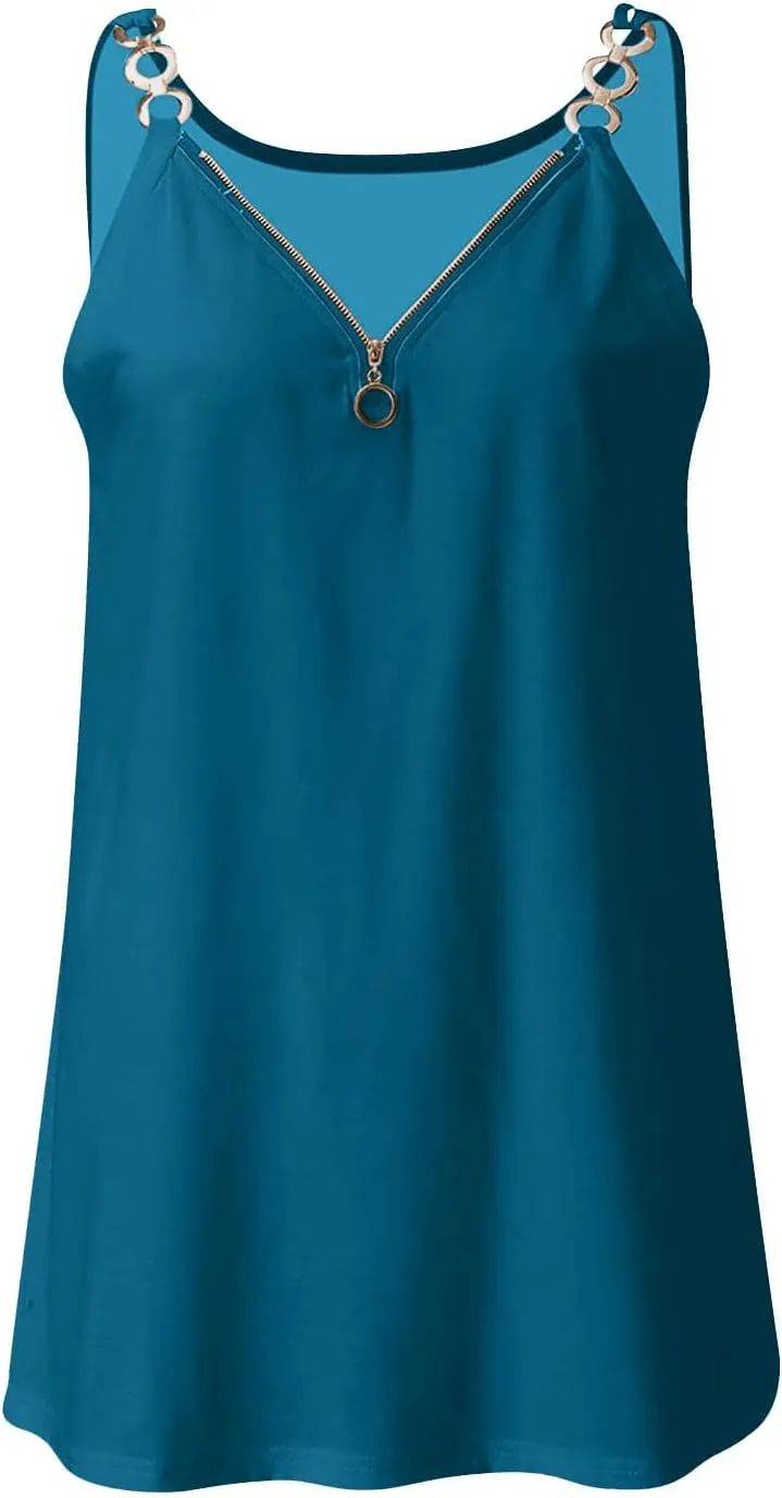 Tank Top for Women Half Zip V Neck Metal Spaghetti Strap Sleeveless Shirts Loose Fit Fashion Camisole Summer Outfits
