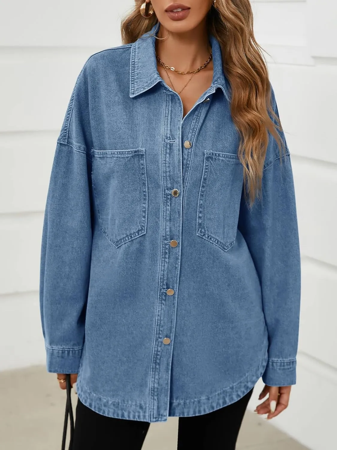 Tankaneo Womens Oversized Denim Shirt Jacket Button Down Long Sleeve Fall Casual Jean Shackets