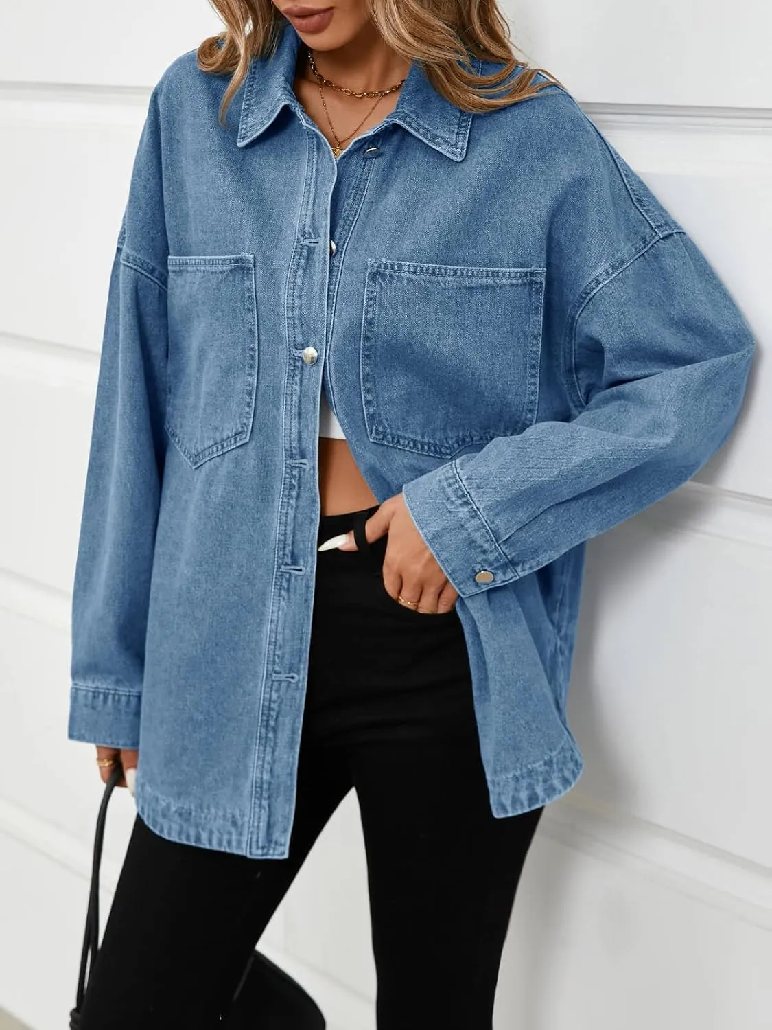Tankaneo Womens Oversized Denim Shirt Jacket Button Down Long Sleeve Fall Casual Jean Shackets