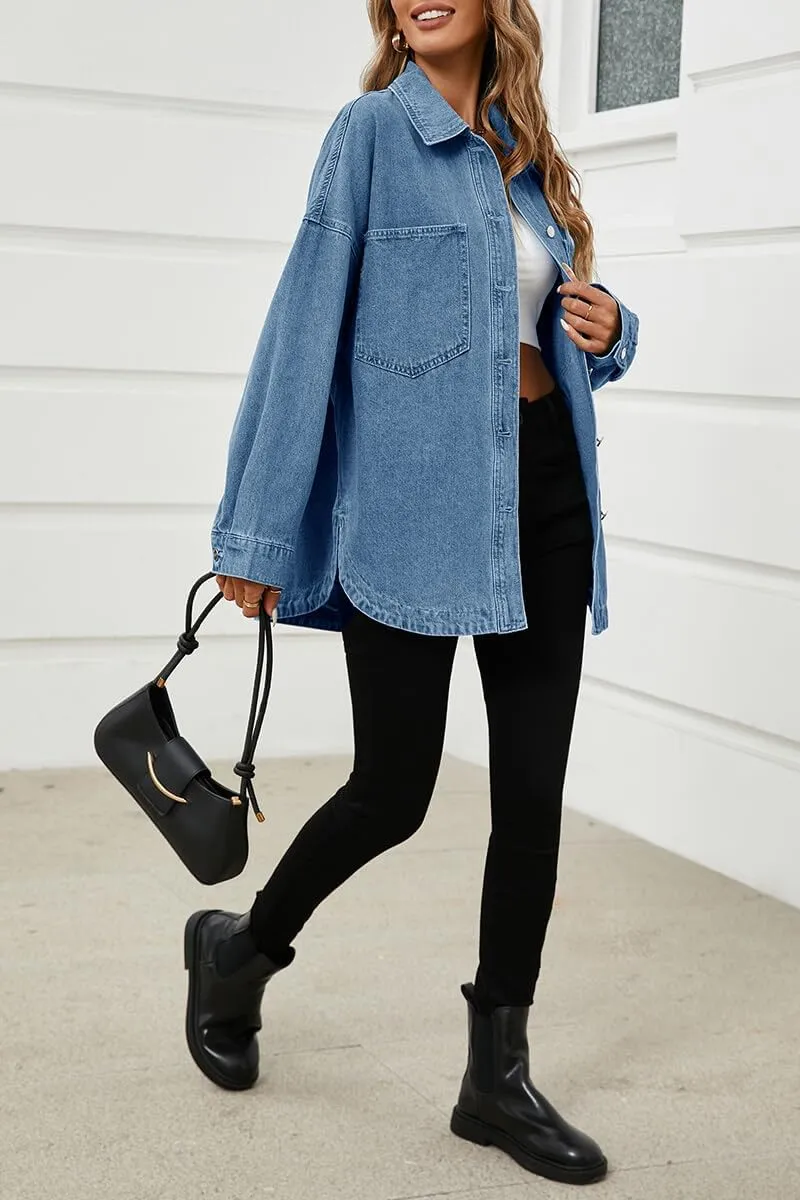 Tankaneo Womens Oversized Denim Shirt Jacket Button Down Long Sleeve Fall Casual Jean Shackets