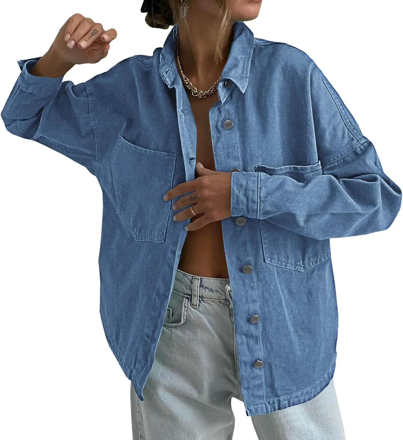 Tankaneo Womens Oversized Denim Shirt Jacket Button Down Long Sleeve Fall Casual Jean Shackets