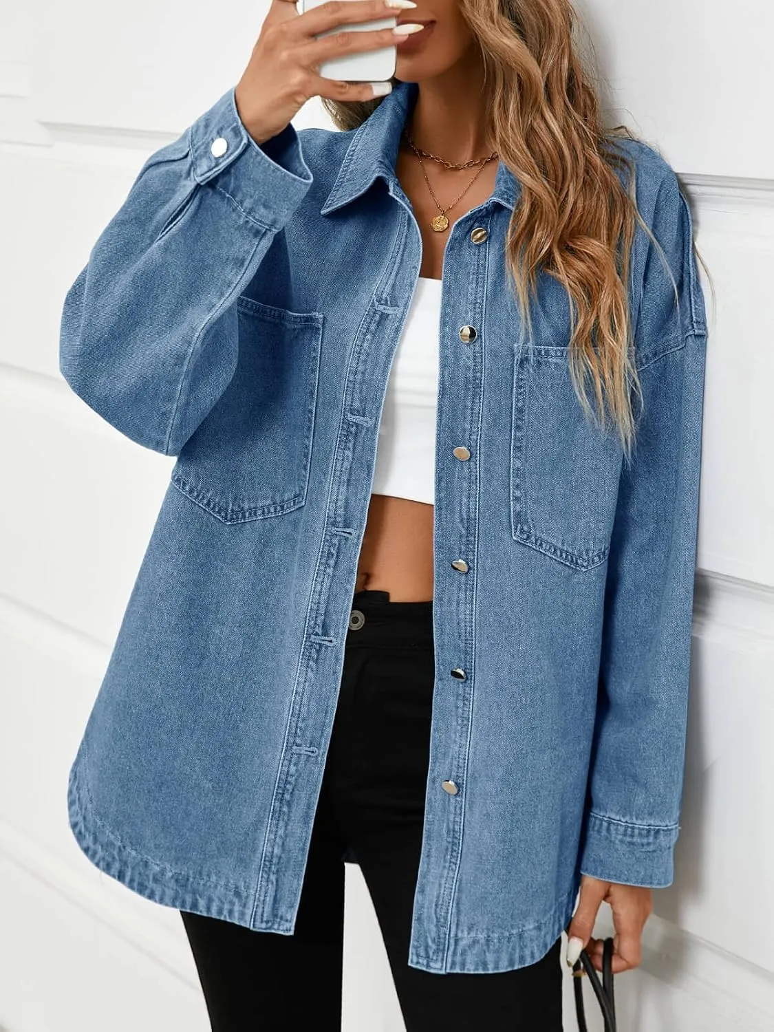 Tankaneo Womens Oversized Denim Shirt Jacket Button Down Long Sleeve Fall Casual Jean Shackets
