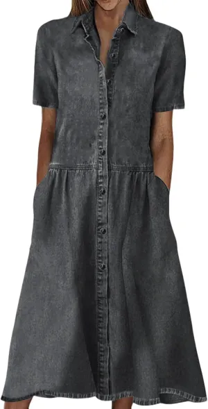 utcoco Womens Denim Dress Lapel Short Sleeve Frayed Hem Jean Dresses Oversized Button Down A Line Shirt Dress