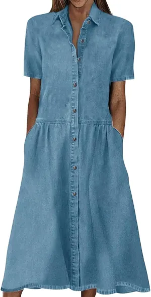 utcoco Womens Denim Dress Lapel Short Sleeve Frayed Hem Jean Dresses Oversized Button Down A Line Shirt Dress