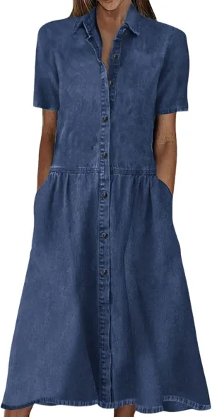 utcoco Womens Denim Dress Lapel Short Sleeve Frayed Hem Jean Dresses Oversized Button Down A Line Shirt Dress