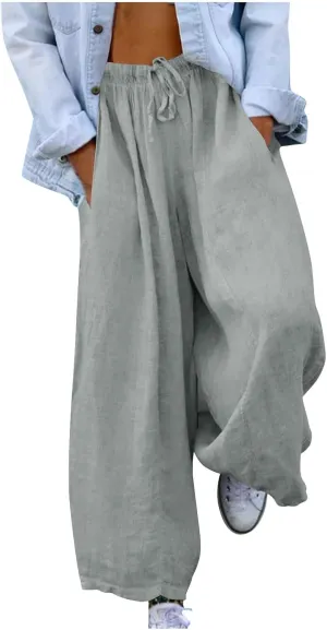 Women 2025 Casual Wide Leg Pants Elastic Waist Wide Leg Linen Pant Loose Long Palazzo Trousers Bottoms Slacks Pockets