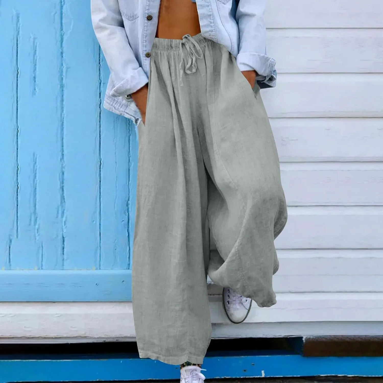Women 2025 Casual Wide Leg Pants Elastic Waist Wide Leg Linen Pant Loose Long Palazzo Trousers Bottoms Slacks Pockets