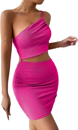 Women's 2023 Summer Cutout Ruched Bodycon Mini Dress One Shoulder Sleeveless Club Party Cocktail Short Dresses
