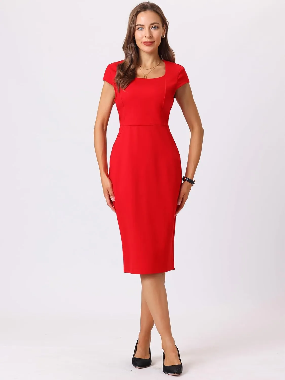 Women's Bodycon Pencil Dress Cap Sleeve Formal Work Knee Length Sheath Dresses